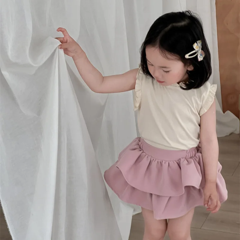 2025 Summer New Children's Solid Color Wooden Ear Edge Foreign Style Sleeveless Vest Girls Korean Version Stand-up Collar Top