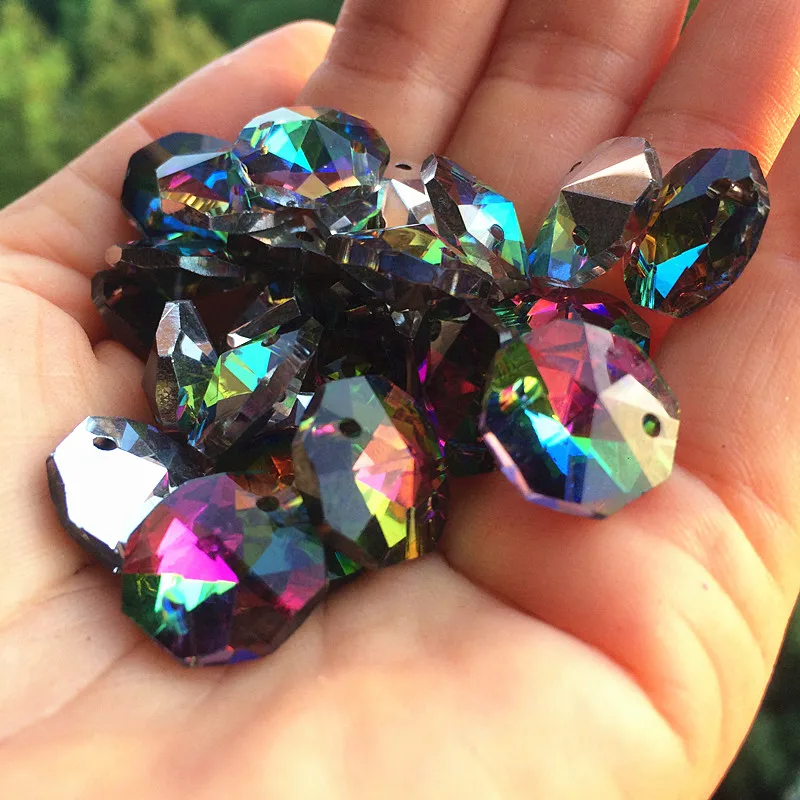 

Top Quality 200pcs/lot 14mm Rainbow K9 Crystal Octagon Beads In 2Holes Diy Window Suncatcher Making Home Decoration Accessories