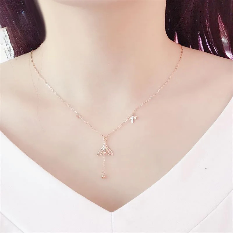 585 Purple Gold Sparkling Hollow out Fish Tail Pendant Exquisite Fashion Plating 14K Rose Gold tassel Long choker Chain Jewelry