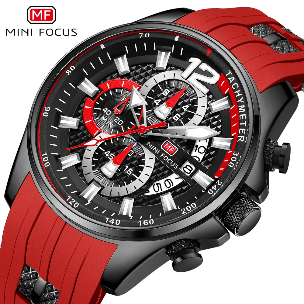 MINI FOCUS Fashion Waterproof Mens Watches Top Brand Luxury Chronograph Quartz Men Watch Red Silicone Strap Sports Wristwatches