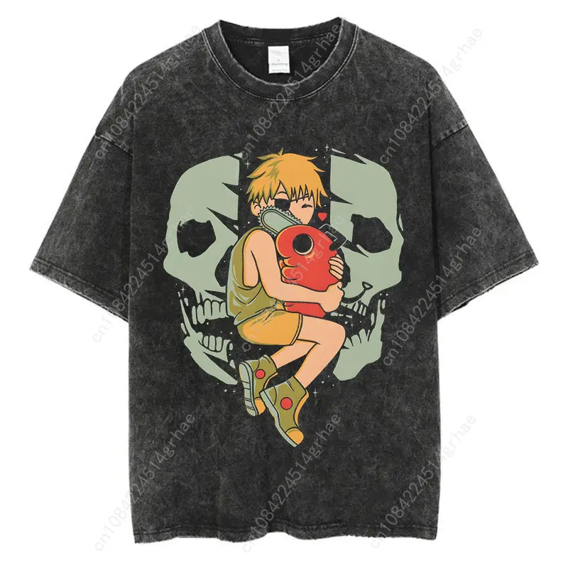 Vintage Gewaschene T-shirts Kettensäge Mann Anime T Shirt für Männer Harajuku Oversize T Baumwolle Mode Streetwear Unisex Tops