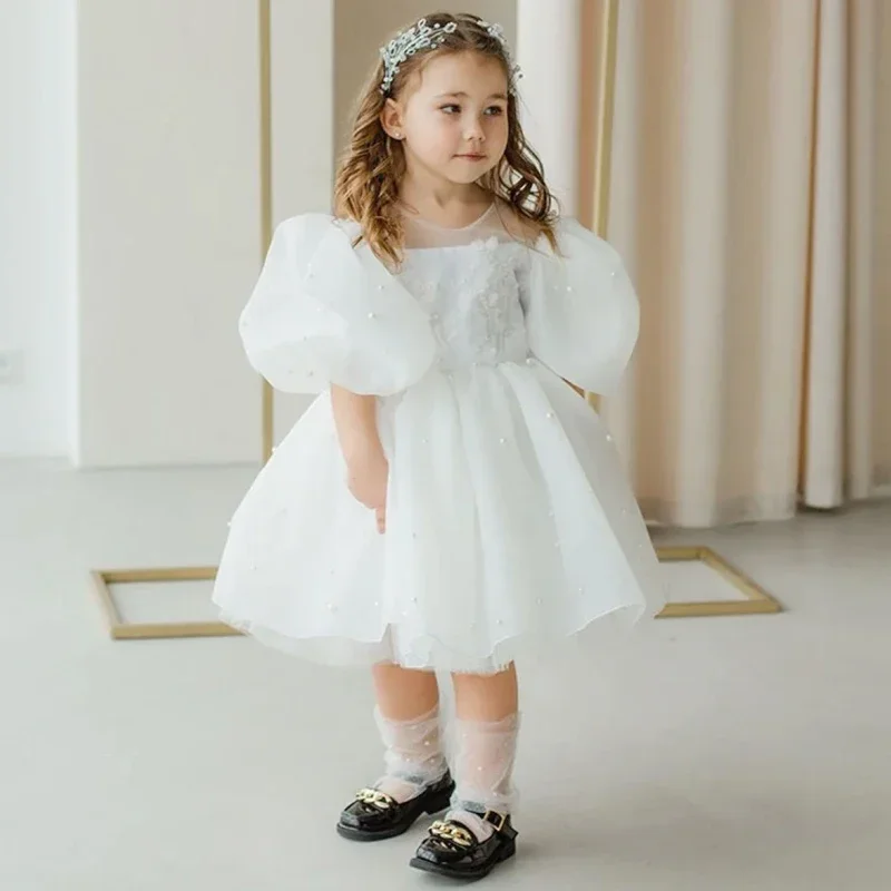 꽃의 소녀 드레스 흰색 Tulle 푹신한 아플리케 진주와 활 짧은 소매 결혼식 생일 파티 성찬식 가운