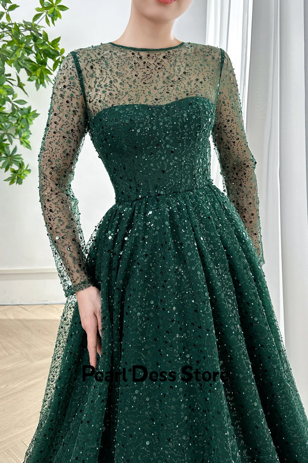 Pearl Beaded Lace Ladies Dresses for Special Occasions Long Sleeves Round Neck Gala Dress Women Elegant Party Green Line A Vest