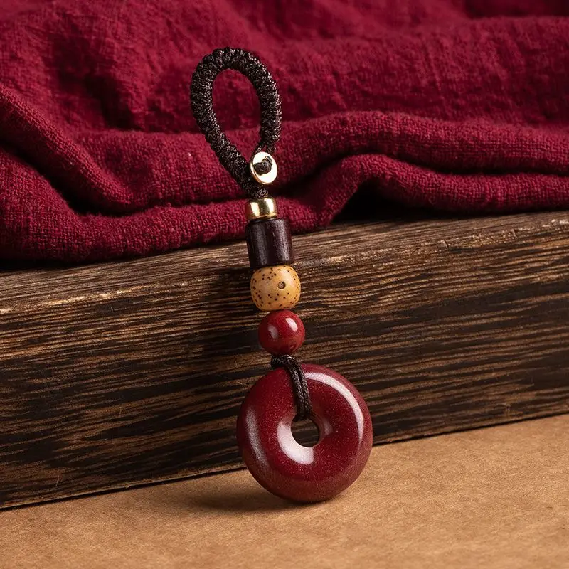 Chinese Style Lucky Cinnabar Peace Buckle Keychain Good Fortune Blessing Car Key Pendant Unisex Zodiac Birth Year Gift Exquisite