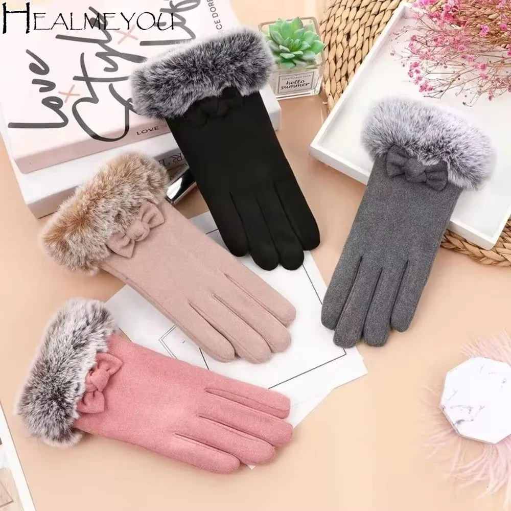 여성용 겨울 따뜻한 두꺼운 보우 플러시 장갑 미끄럼 방지 터치스크린 패셔너블한 손가락 장갑 우아하고 심플한 캐시미어 헤어리 장갑