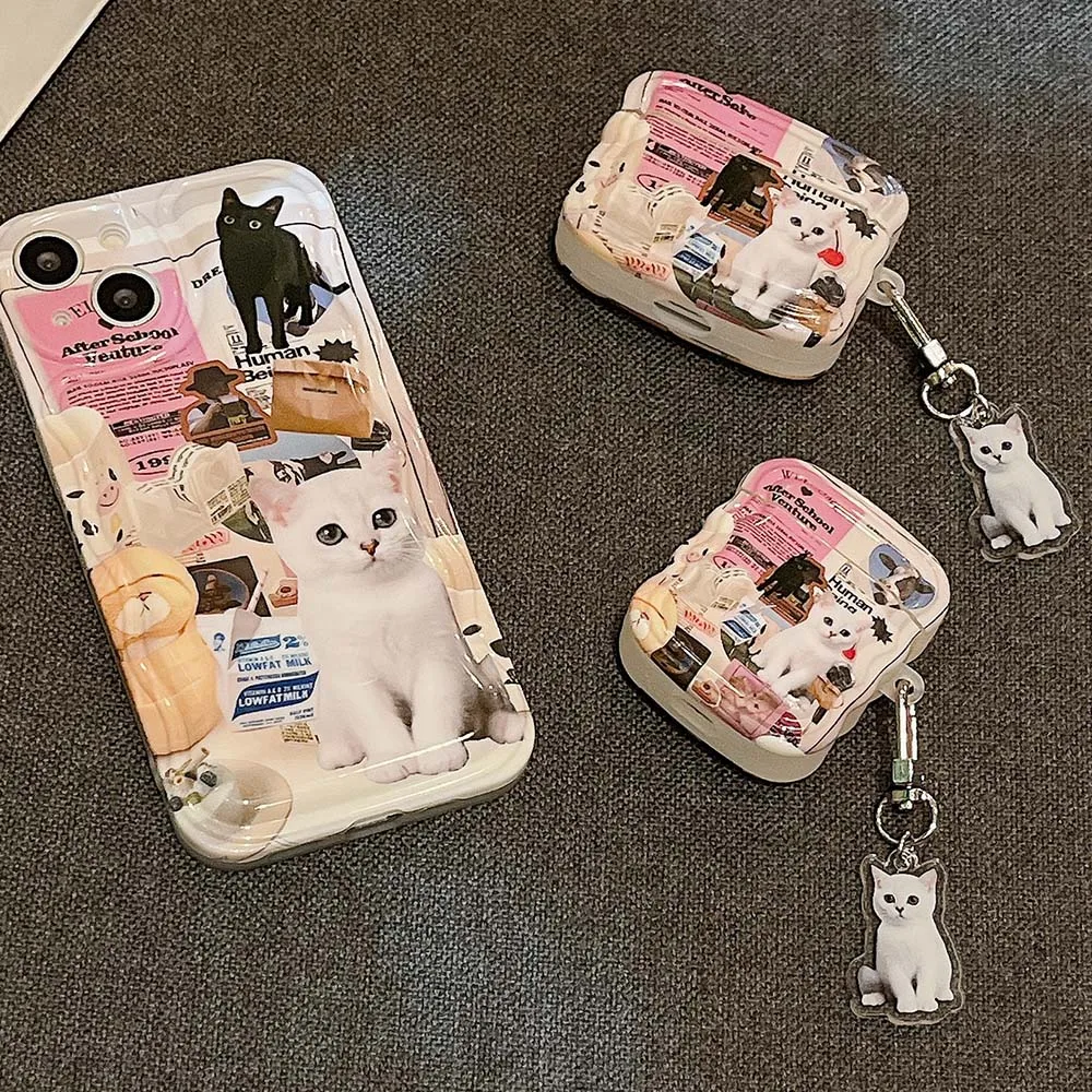 For Airpods 1 2 Earphone Case Personality English Newspaper Illustration White Cat Silicone Anti-fall Shell For Airpods 3 Pro 2