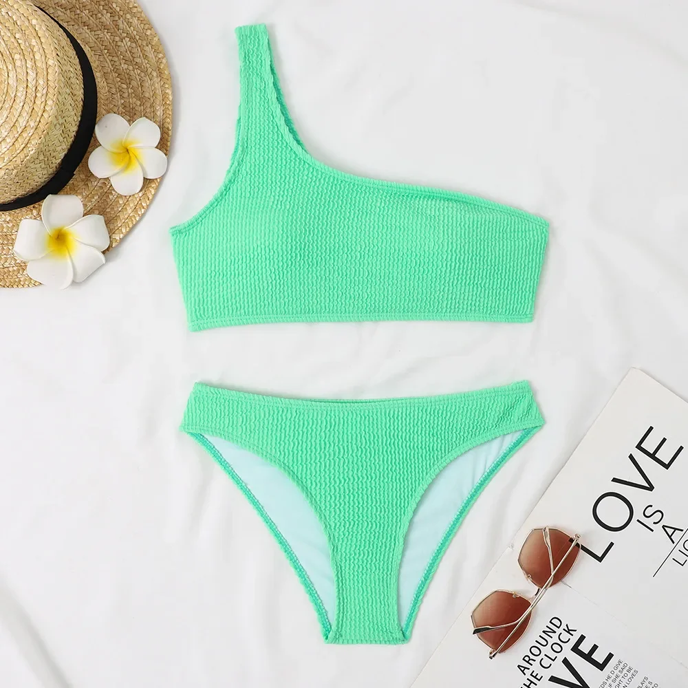 Bikini con Tanga Sexy para mujer, traje de baño de dos piezas, traje de baño femenino, conjunto de Bikinis blancos, bañador de un hombro, ropa de playa, traje de baño 2025