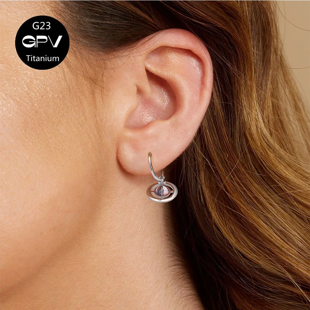 ASTM G23 F136 Titanium Saturn Earrings Crystal Ball Pendant Closed Nose Ring Women's Perforated Jewelry