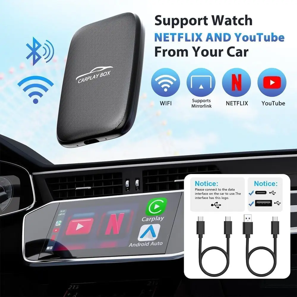 Carplay اللاسلكي وAndroid Auto Dongle يدعم بطاقة Netflix/YouTube/TF، صندوق Ai للعب السيارة مع كابل USBA-C وUSBC-C لهاتف iPhone