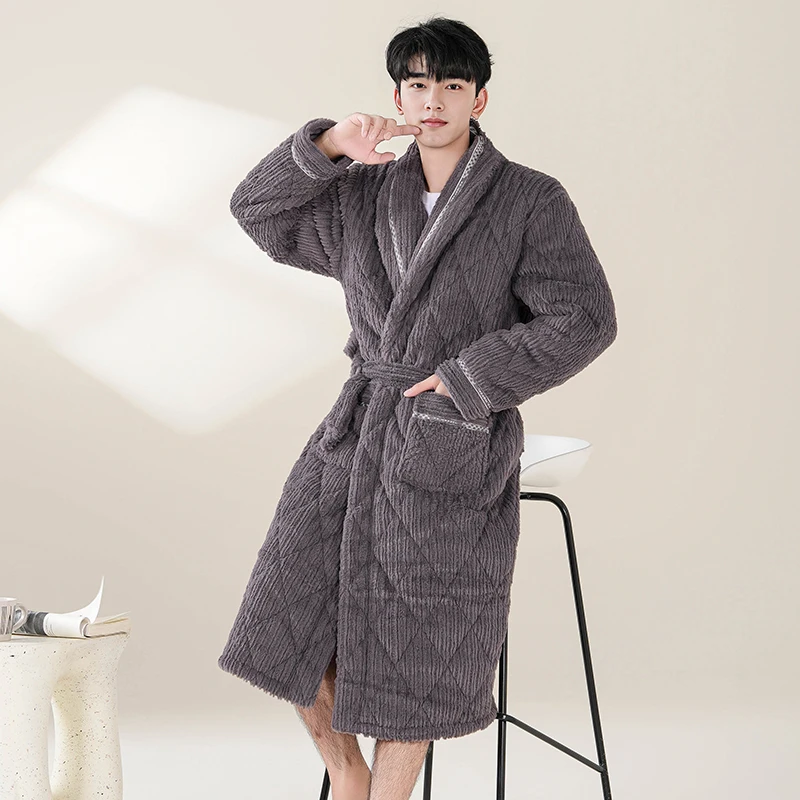 Bata gruesa y cálida de franela para hombre, bata acolchada de punto de manga larga, cómoda, suave y sólida, informal, L-XXXL de baño para invierno