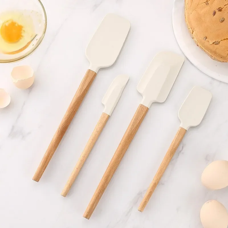 2Pcs/Set White Silicone Cream Spatula Non-stick Pastry Blenders Wood Handle Chocolate Butter Baking Scraper Kitchen Cake Mixer