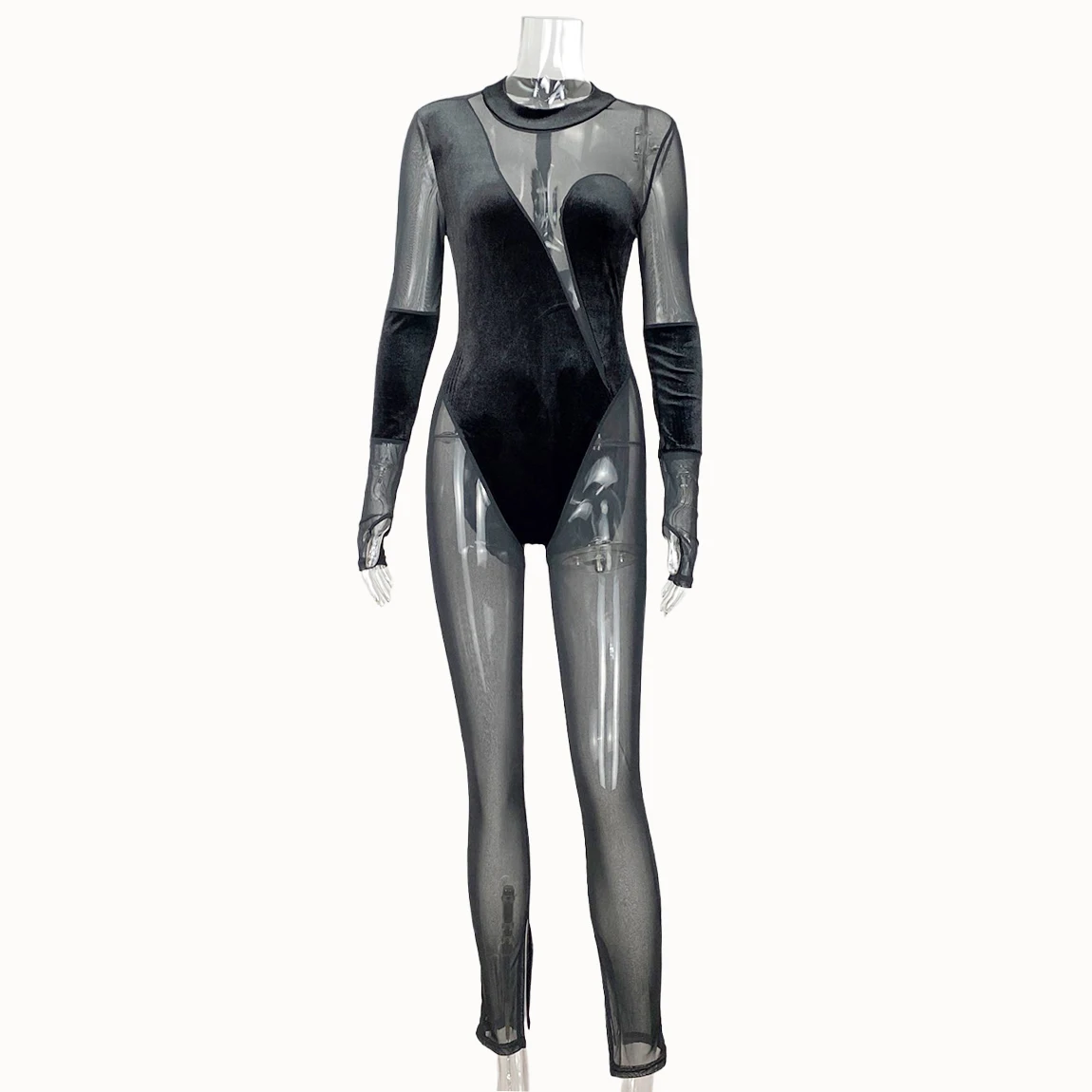 Ladies Mesh Velvet Patchwork Jumpsuit Long Sleeve Skinny Night Club Bodysuit Outfits