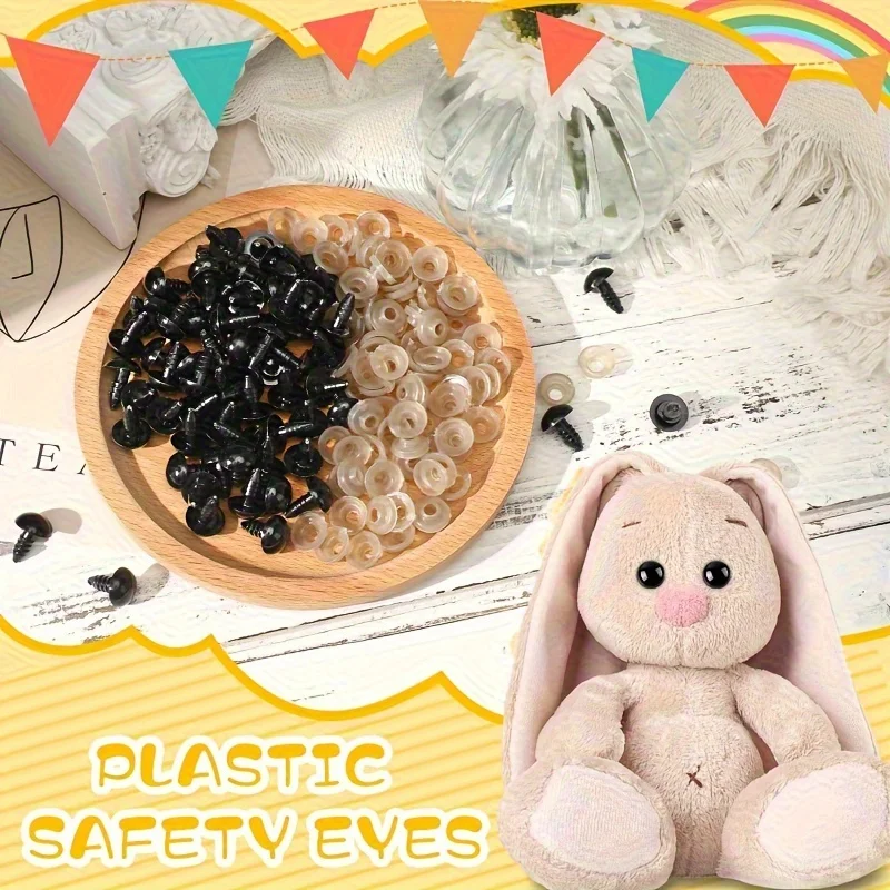100er-Pack Sicherheitsaugen für Amigurumi – 5–16 mm schwarze Kunststoffaugen mit Unterlegscheiben für Stofftiere und Häkelarbeiten – Detail 1