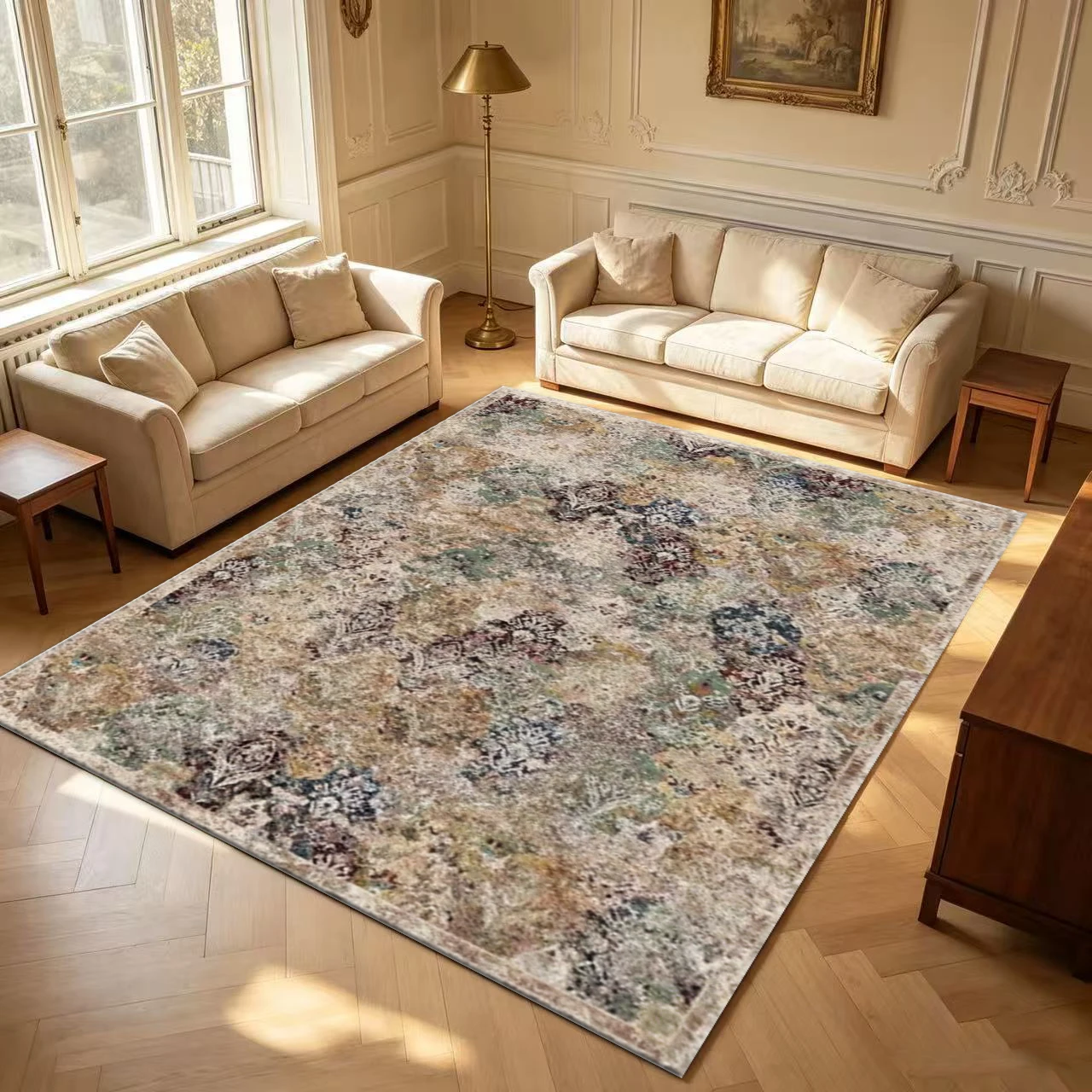 Vintage Faded Oriental Carpet Flooring Retro Distressed Pattern Area Rug Soft Floor Rug for Living Room Bedroom Home Use