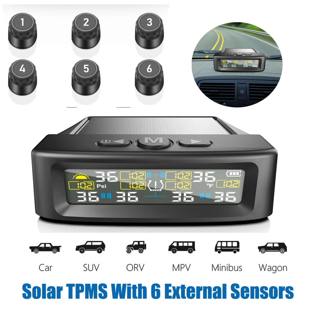 Система контроля давления в шинах TPMS, мониторинг температуры в шинах на солнечной энергии, автоматическая сигнализация безопасности, 6 внешних датчиков для грузовика, автофургона Система контроля давления в шинах TPMS, мониторинг температуры в шинах на солнечной энергии, автоматическая сигнализация безопасности, 6 внешних датчиков для грузовика, автофургона