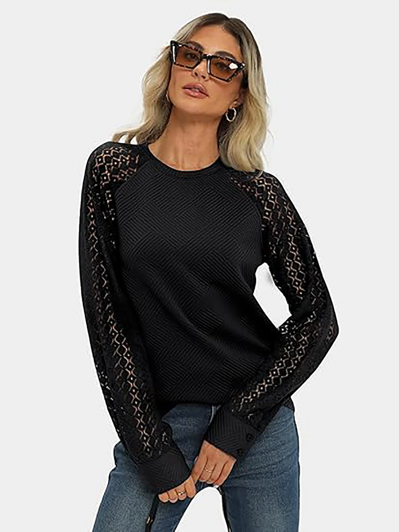 Aamikast Big Size Women Women'S Lace Long-Sleeved Shirt Business Casual Blouse Formal Shirt Spring Autumn Clothing Black Lining