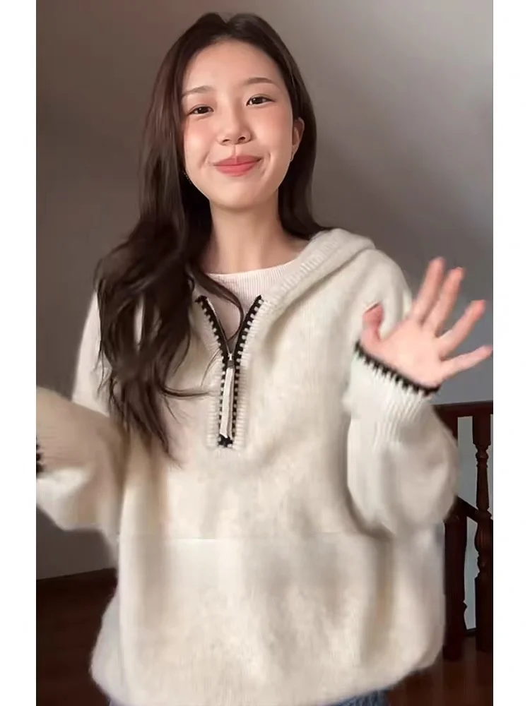 

Korean Laid-ba Sle Hooded Sweater Women's Autumn Winter Thiened Long Sve Knitted Top Soft Loose Outerwear