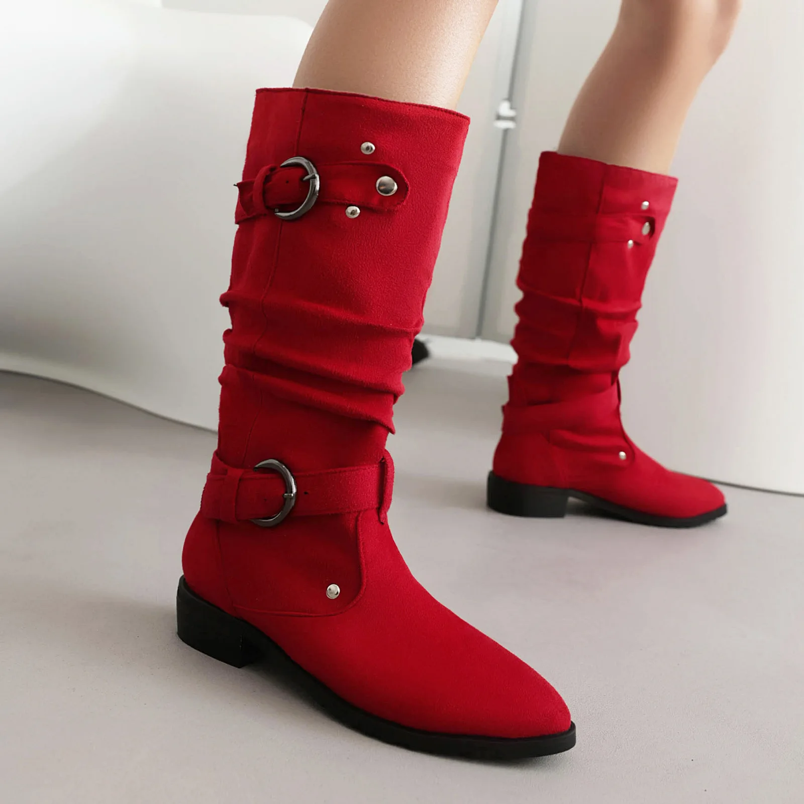 

Shoes Fashion Boots Woman Rivets Round Toe Punk Ladies Mid Calf Large Size Low Rubber Slip-On Lace-Up Hoof Heels Metal Decorati