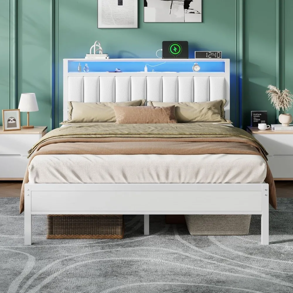 

White Queen Bed Frame with Charging Station & Led Lights, Pu Leather Upholstered Headboard W/ 2-Tier Storage, Customized