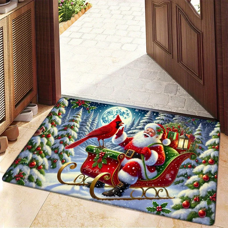 Merry Christmas Santa Cardinal Non-slip Door Mat  Winter Entrance Welcome Rug Balcony Hallway Bath Floor Mat Navidad Decorations