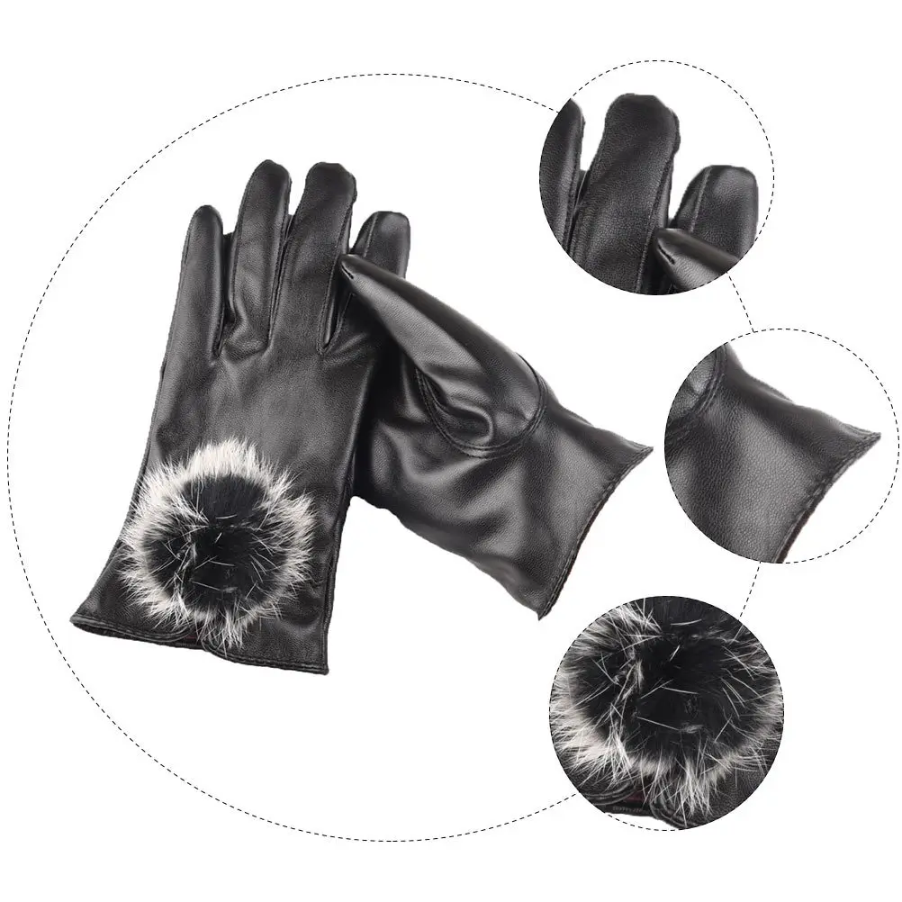 

1Pair Warm PU Touch Screen Gloves Windproof Winter Gloves Elegant Ball Design for Outdoor Indoor Women
