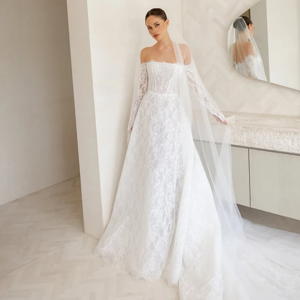 

Lace Weddings Dresses Off Shoulder Long Sleeve Sweep Train A Line Bride Dress Elegant Princess Church Bridal Gown Customized