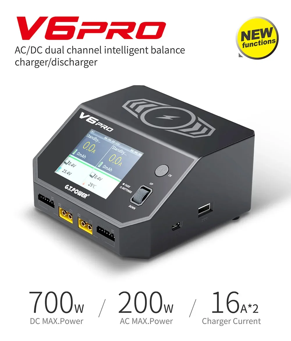 

GTPOWER V6 pro AC/DC Dual channel intelligent Balance Wireless charger /Discharger For 1-6S LiPo/LiHV/LiIon/LiFe Battery