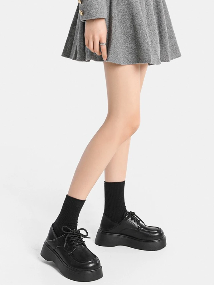 

British Style Women's Plus Size Loafers Genuine Soft Leather Thick Sole Platform Lace Up Height Increasing Small Shoes Size 43