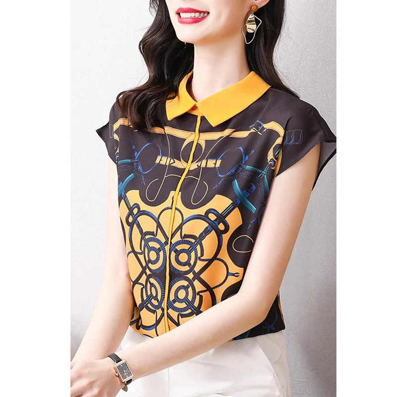 

Summer New Vintage Printed Shirt, Chic, Short Sleeve, Fashion Elegant, Women's Tops, Turn-down Collar, Loose Casual Blouse