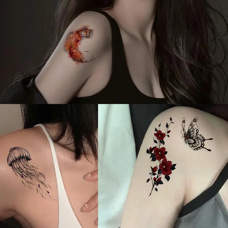 15pcs Suhua Tattoo Sticker Realistic Waterproof Sketch Flower Tattoo Sticker Paper Rose Flower Snake Flower Black and White