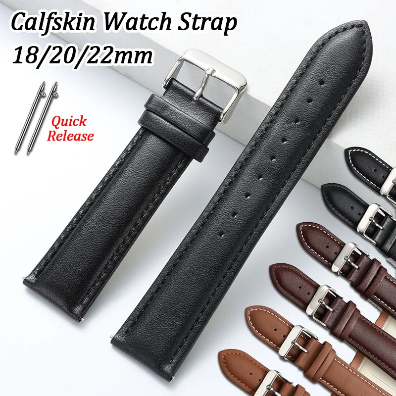 Soft Genuine Calfskin Watch Strap 18/20/22mm Quick Release Leather Replacement Band Business Cowhide Wristband for Men Woman