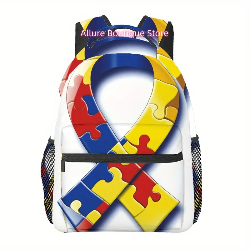 Autism Awareness Puzzle Print Backpack - Lightweight Durable Polyester Hiking Backpack with Adjustable Straps, Multiple Compartm