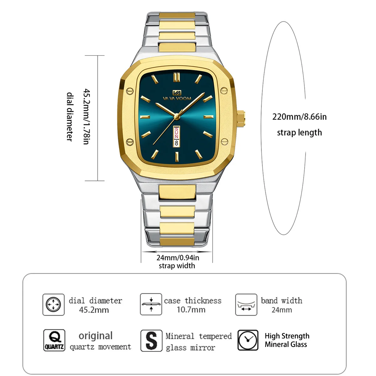 New Week Quartz Watch Men Movement Square Stainless Steel Gold Black Waterproof Luxury Brand Waterproof Sports Watches Clock view 5