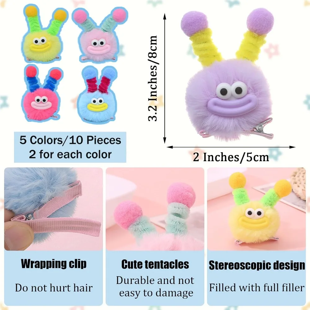 Fluffy Pom Poms Hair Clips, Crazy Hair Day Accessories, Quirky Little Monster Barrettes, Plush Duckbill Hairpins, Party Hair Accessories, 5 Pairs view 2