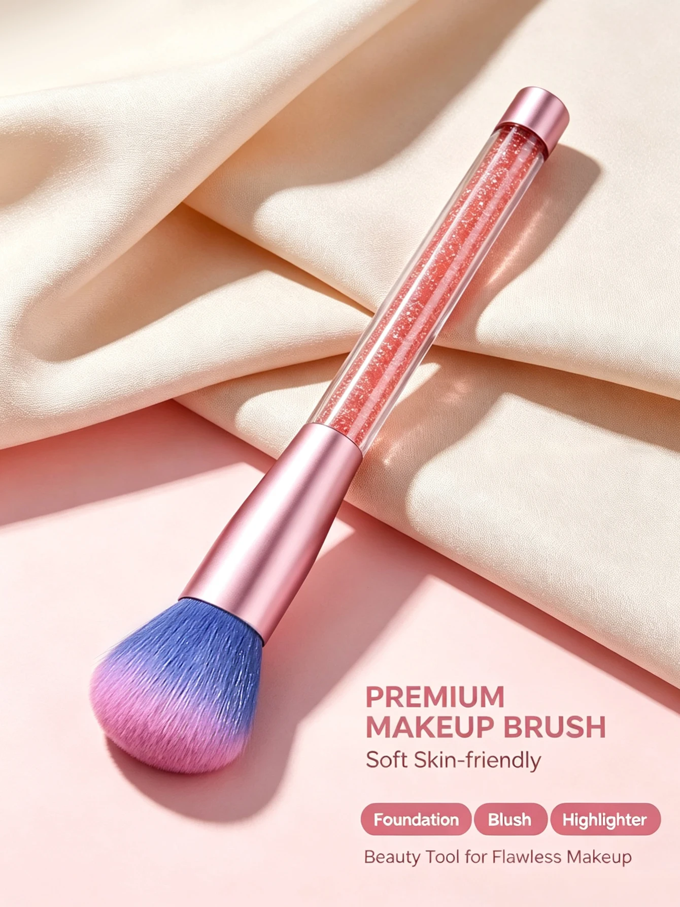 Premium Single Blush Makeup Brush With Glitter Quicksand Handle, Soft Synthetic Hair Precise Application Flawless Blending For F