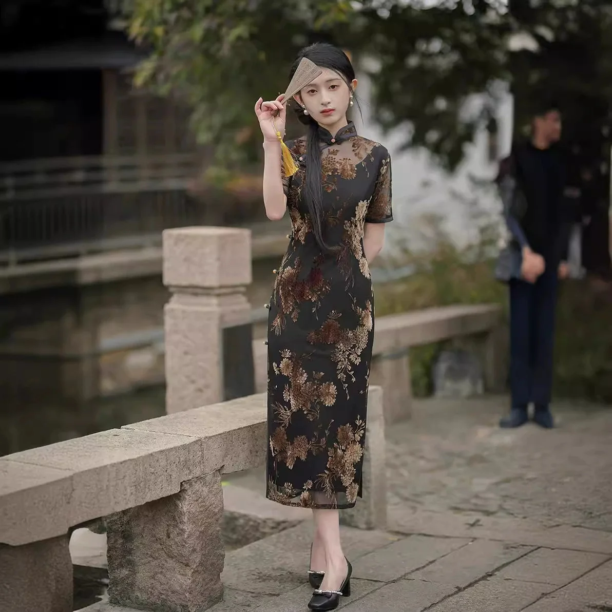 

Весна/Лето 2023, новое черное модное утягивающее платье Cheongsam с принтом, улучшенное китайское платье Hanfu с разрезом, Vestidos