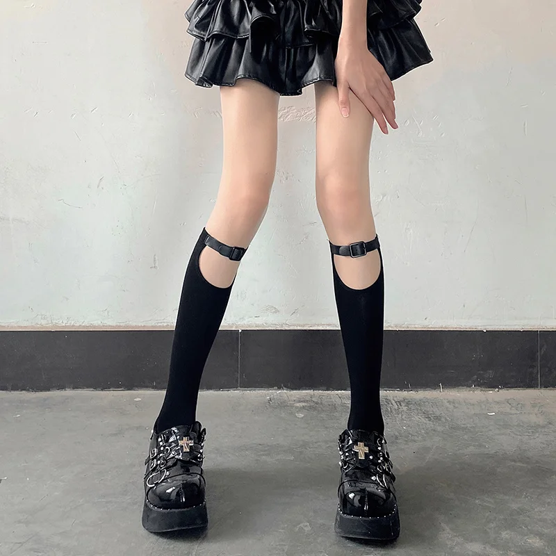 Y Demo Techwear Women Stretchy Thin Middle Tube Socks With Leather Buckles