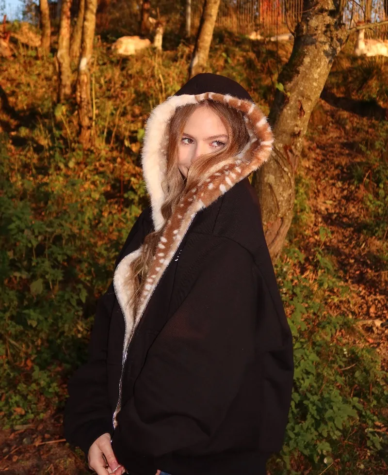 Y2K Retro Bambi Zip Sweatshirt Faux Fur Deer Pattern Reversible Hoodie Black Elegant Mori Embroidery Streetwear Women Boxy Coat