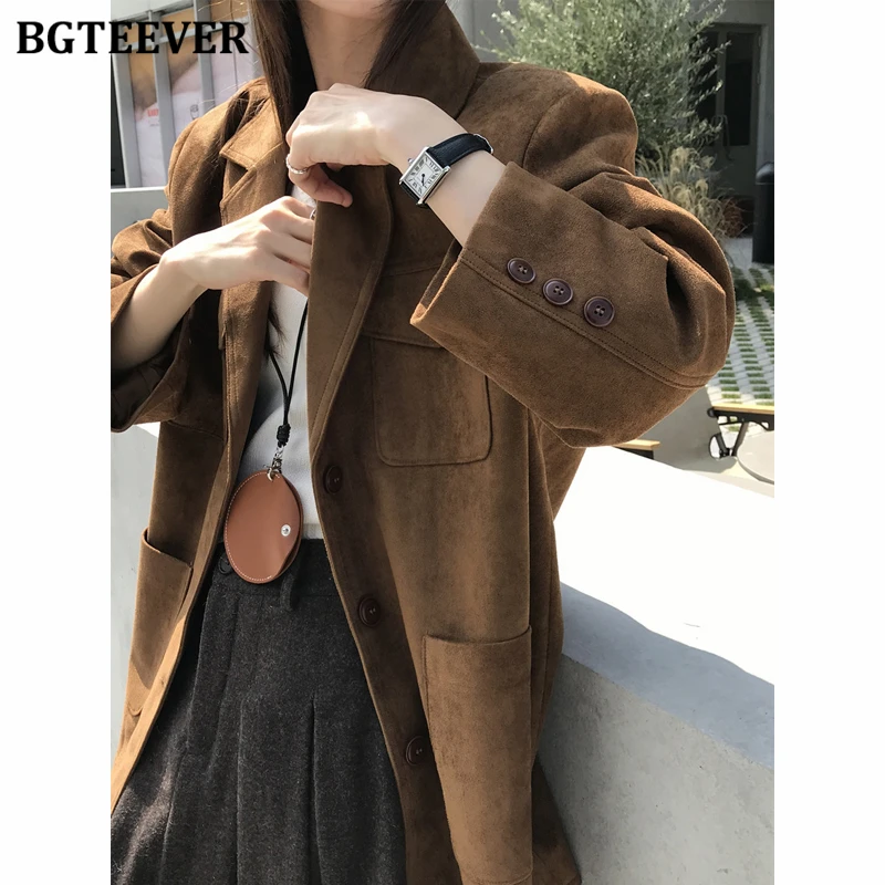 BGTEEVER Autumn Winter Elegant Single-breasted Long Sleeve Blazer Jackets for Women Vintage Warm Loose Pockets Female Suit Coats