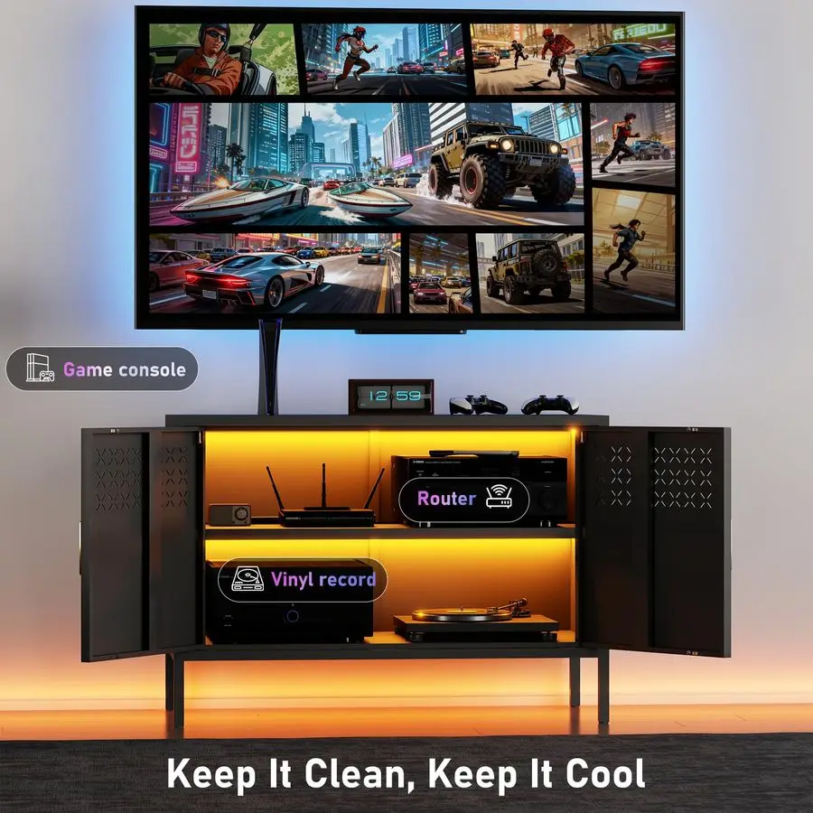 خزانة، خزانة تخزين معدنية مع بابين، إغلاق مغناطيسي، رف قابل للتعديل، حوامل تلفزيون، منضدة معدنية fo