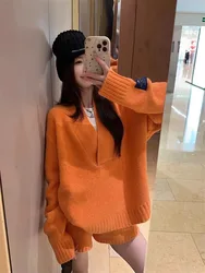 New Spring Women Knitted 2 Pieces Sets Navy White Fashion Two Pieces V Neck Loose Sweater+high Waist Shorts Mini Pants Suits