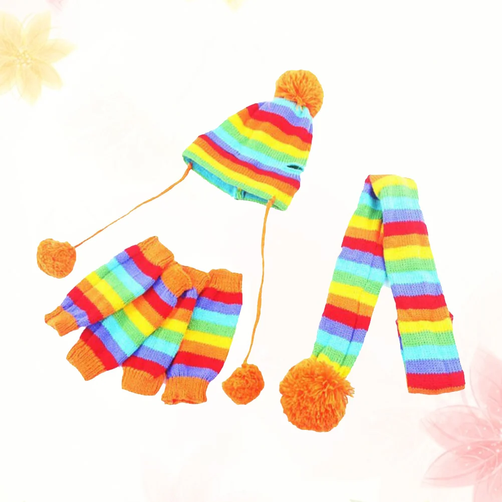 

1 set Dog Scarf Hat Set Knitted Winter Clothing Rainbow Color Xs Size Warm Costume For Pets Festival Street Clothes Pet