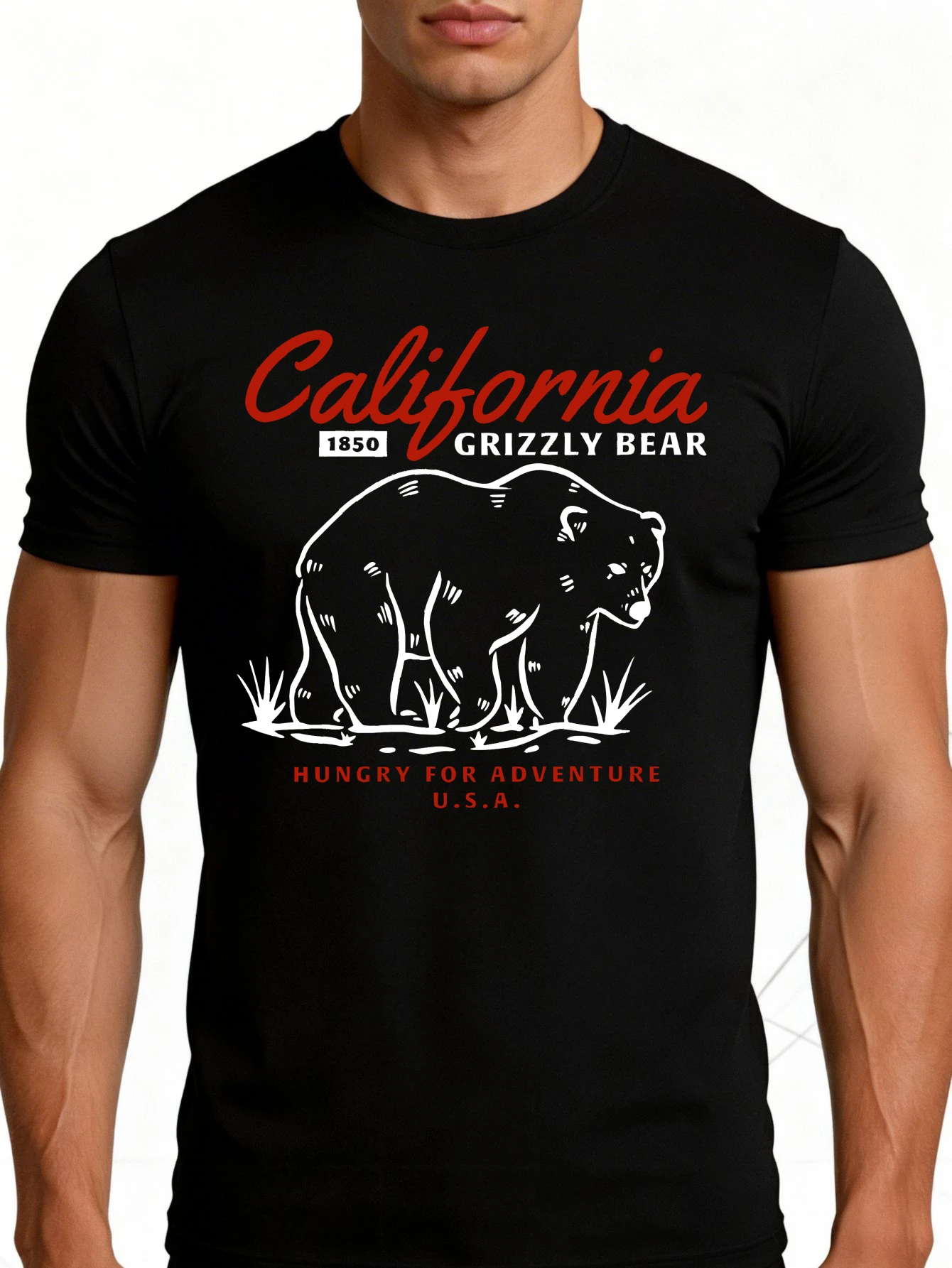 Men's Plain Graphic T-Shirt - Breathable, Soft, Lightweight - California Grizzly Adventure Usa - Vintage Fun Graphic Casual Short Sleeve Summer Top, Gift for Him