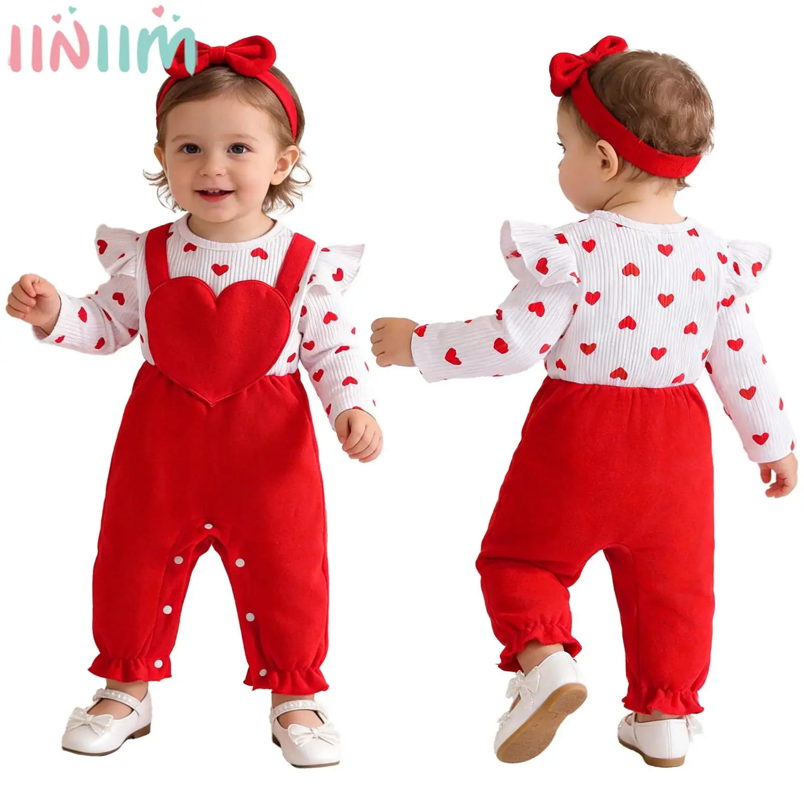 

Костюм на День святого Валентина для маленьких девочек, комбинезон с рюшами и длинными рукавами и принтом в виде сердечек, с повязкой на голову для фотосессии на день рождения