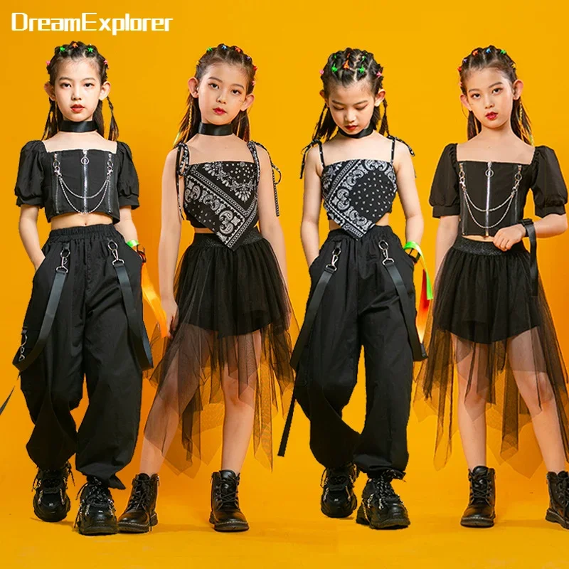 

Hip Hop Girls Crop Top Cargo Pants Kids Street Dance Camisole Tank Top Tassels Skirt Goth Clothes Sets Child Streetwear Costumes