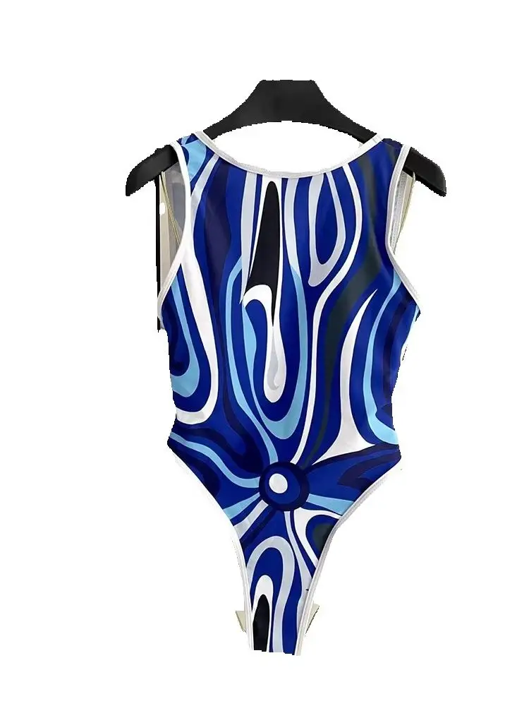 Summer Fashion Seaside Vacation Geometric Print One-piece Swimming Suit Women's Sleeveless Sexy Backless High Waist Slim Romper