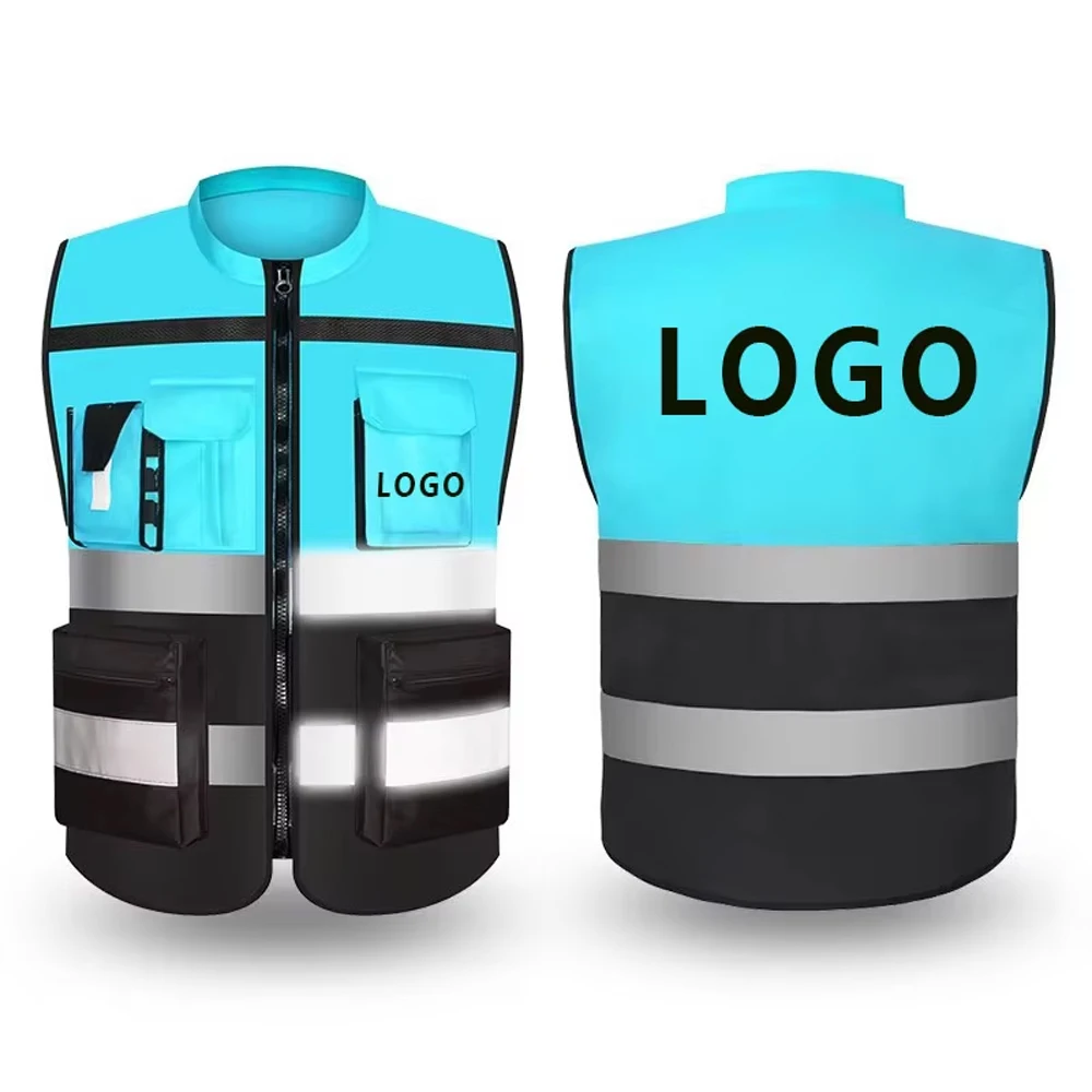 Custom Logo Safety Vest for Construction Work Two Tone High Visibillity Workwear Vest with Pockets and Zipper