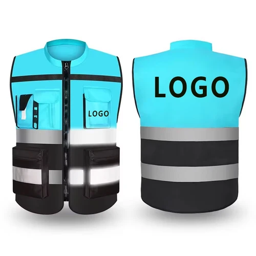 Imagen 2 del producto Chaleco de seguridad con logotipo personalizado para trabajos de construcción Chaleco de trabajo de alta visibilidad de dos tonos con bolsillos y cremallera