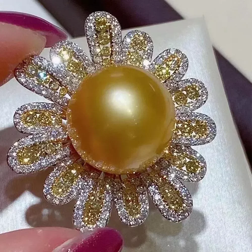 Gorgeous AAA 12-13mm Round Sunshine South Sea Gold Pearl Open Adjustable Ring 925S