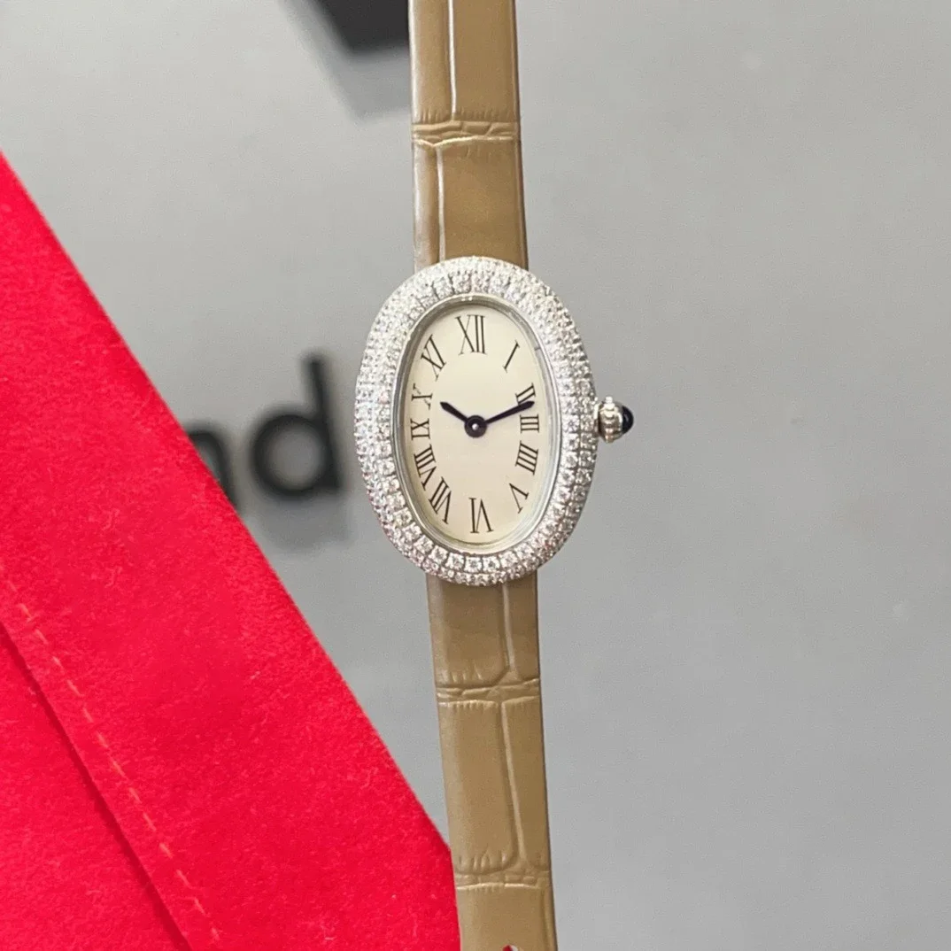 العلامة التجارية ساعات المعصم امرأة فتاة عالية الجودة جميلة 23 مللي متر الماس البيضاوي نمط اليابانية حركة الكوارتز حزام من الجلد على مدار الساعة CT80